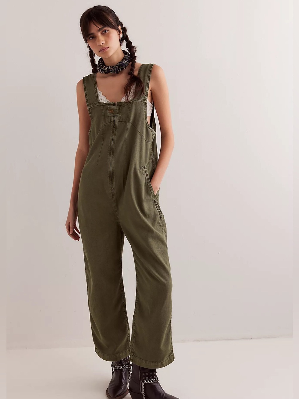 We The Free Jude Olive Green Wide-Leg Denim Overalls